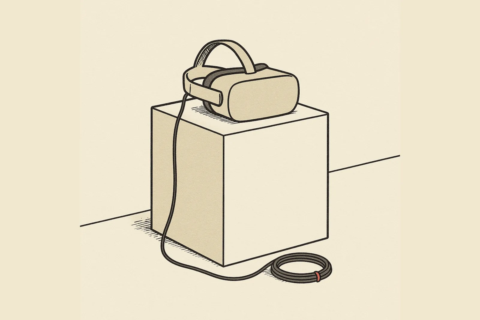 Flat catalogue-plate illustration of a virtual-reality headset resting alone on a bare plinth in an empty gallery, its cable coiled on the floor with a single red cable tie