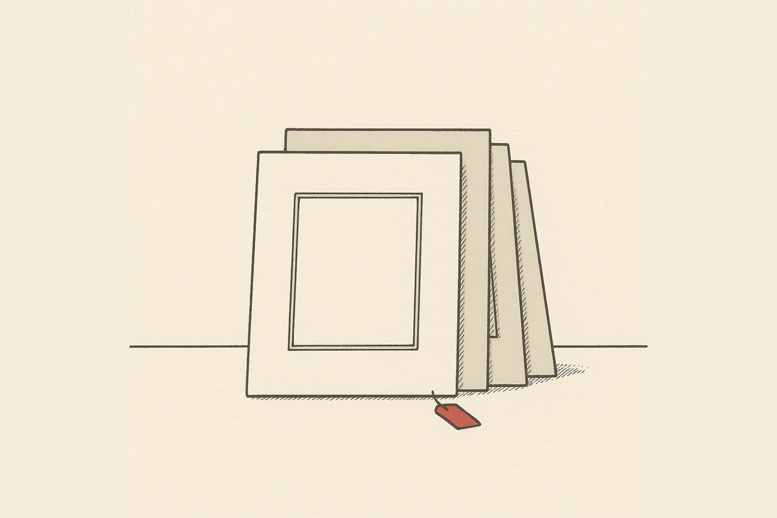 Flat catalogue-plate illustration of matted photographic prints leaning in a short row against a bare gallery wall, one red hanging tag on the frontmost mat